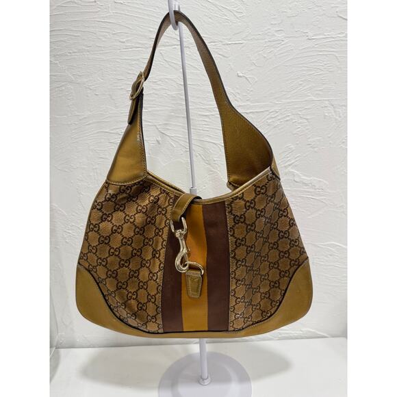 Gucci Leather Web Jackie O Bouvier Medium Hobo Shoulder Bag Gold Metallic - Picture 1 of 7